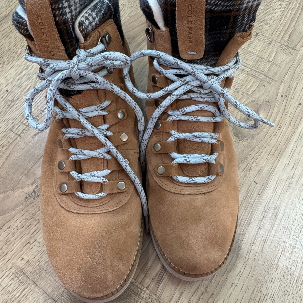 Cole Haan Brown Suede Boots with Plaid Detail